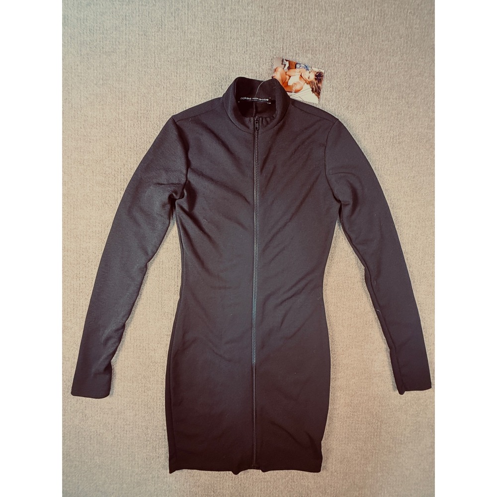 Naked Wardrobe Black Long Sleeve Zip Front Mock Neck Mini Dress  Small